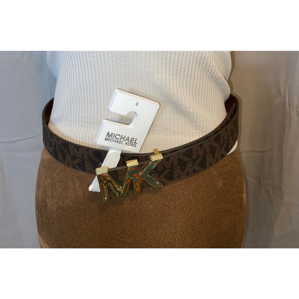 NWT Michael Kors Brown MK Logo Belt Gold Buckle Size Small - Picture 4 of 12